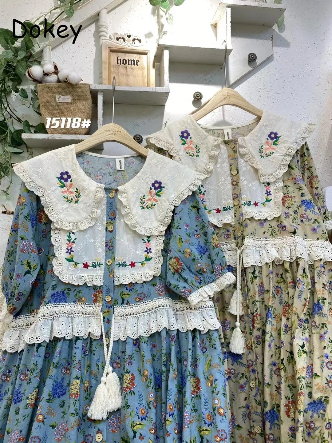 Vintage Embroidery Art Print Kawaii Dress Women Japanese Mori Girl Peter Pan Collar Patchwork Cotton Linen Dress Loose Vestidos