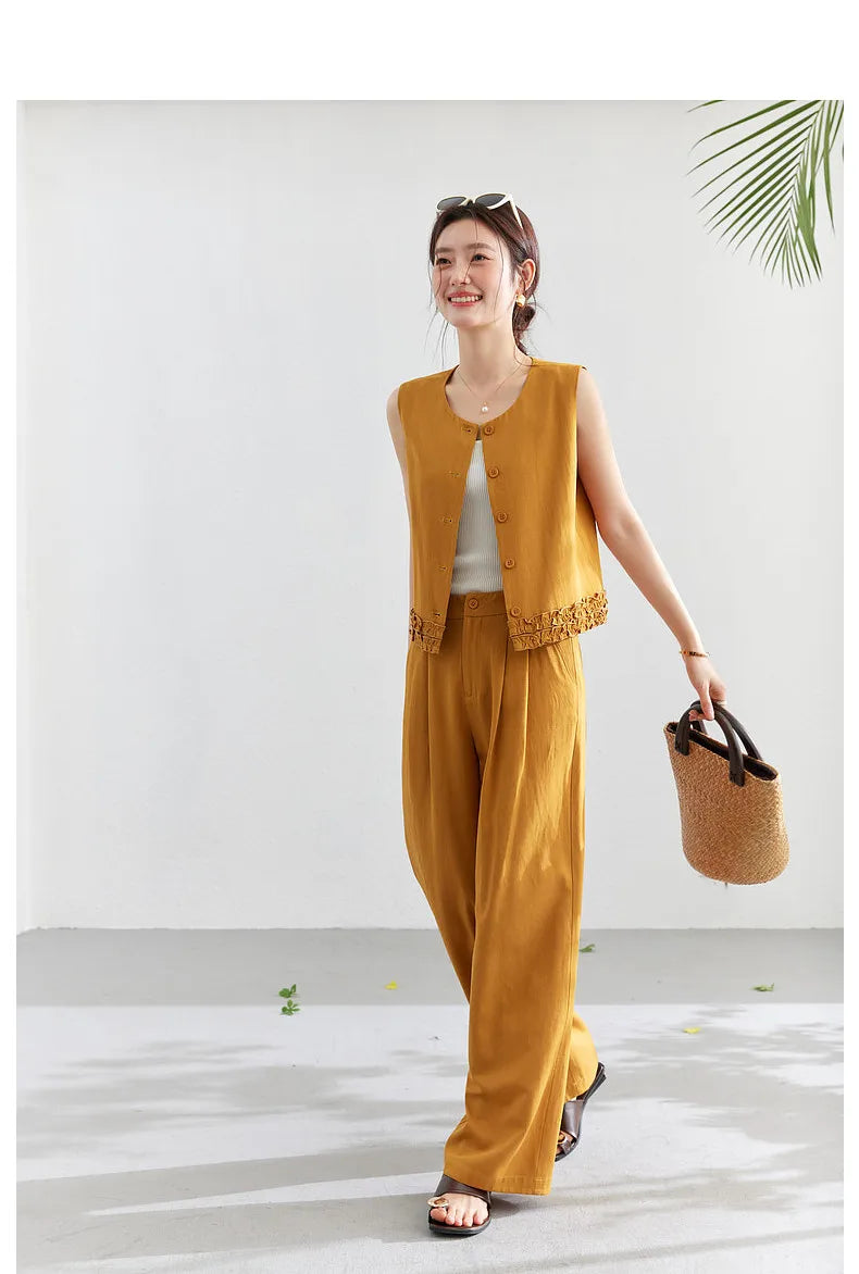 VIMLY Office Two-Piece Set Women 2026 Summer New Fashion Ruffle Hem Cropped Sleeveless Vest Wide Leg Pants Casual Outfit A6153
