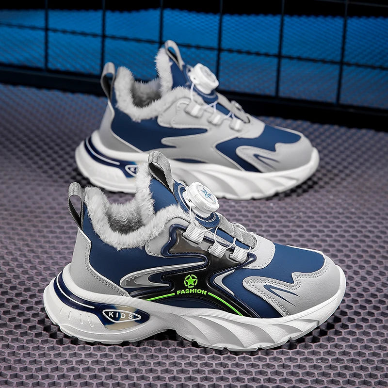 Children Sports Shoes Winter Plush Outdoor Warm Soft Comfort Boy Running Shoes Fashion Rotary Buckle Anti Slip Kids Tennis Shoes