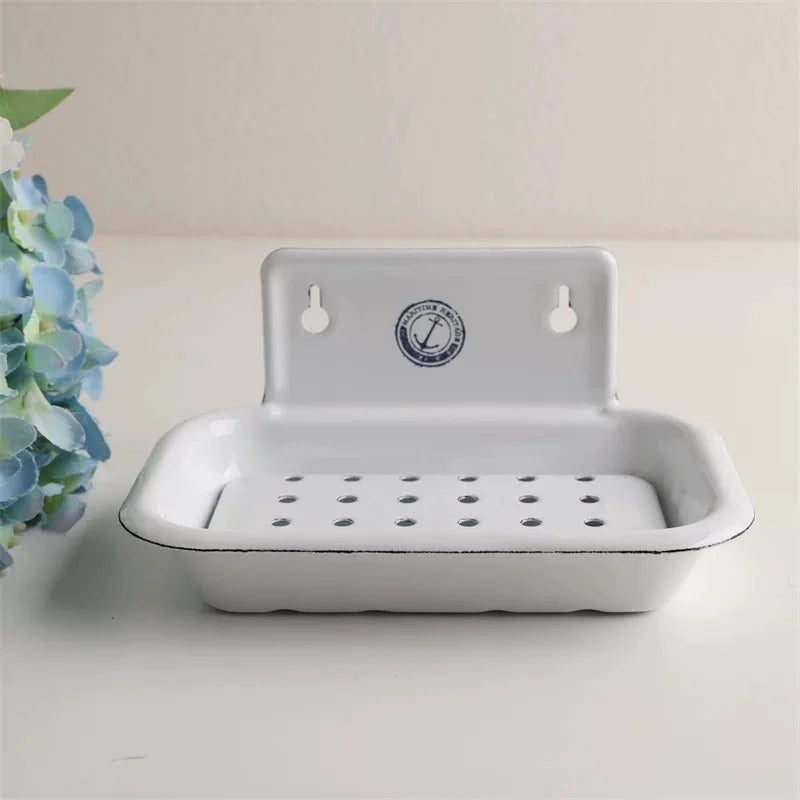 Vintage Enamel Soap Dish with Wall Mount, White, 6.1 X 3.9 X 3 Inches, Multiple Decorative Patterns