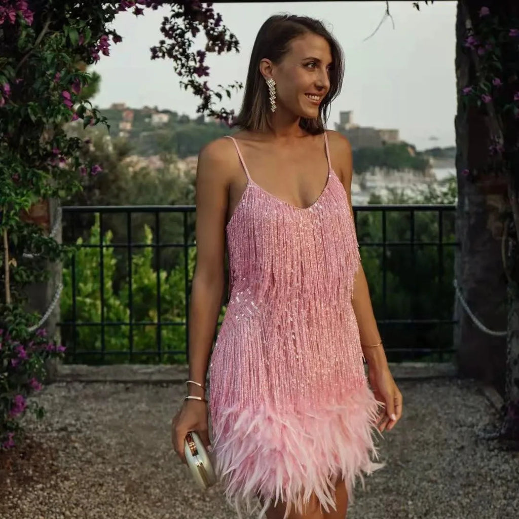 Sequin Fringe Dress Women V Neck Slip Party Gown Feather Trim Birthday Glam