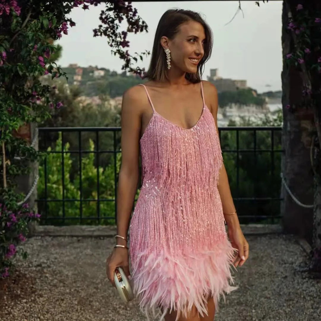 Sequin Fringe Dress Women V Neck Slip Party Gown Feather Trim Birthday Glam