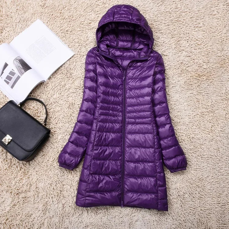 Plus Size White Duck Down Jacket Light-weight Down Jacket Women Inner Cloth Coat Ladies Long Winter Hat Hooded Femal