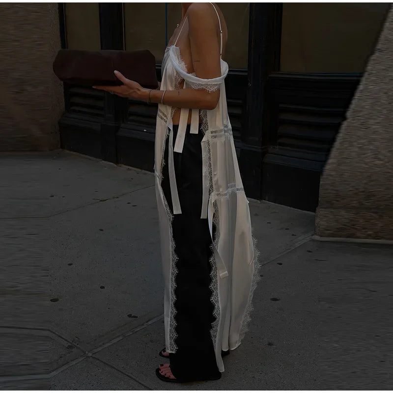 Fashion Solid Lace Patchwork Women's Dress Sleeveless High Side Split Lace Up Hollow Out Sling Dresses 2026 Summer Female Robe
