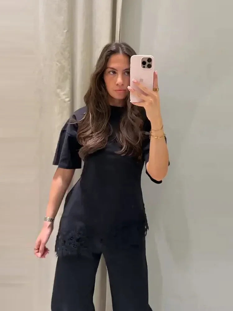 Elegant Satin Lace Patchwork Top Women Casual O-neck Loose Long Sleeves Strappy Female Shirt 2026 Spring Lady Fashion T-shirt