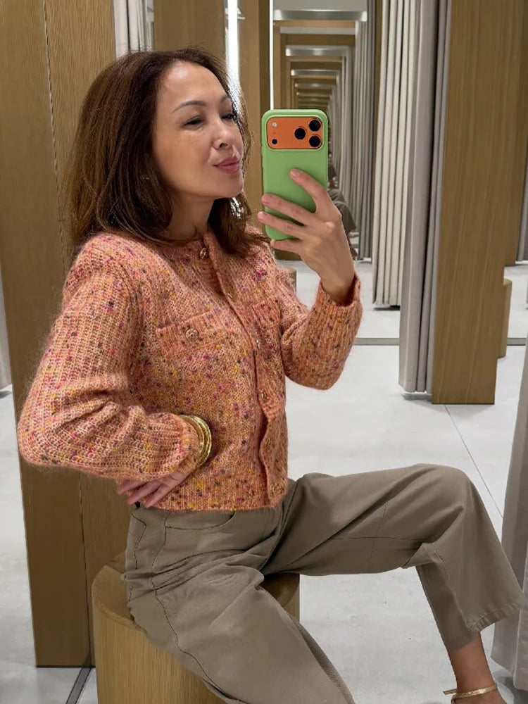 Women Cropped Knit Cardigan Speckled Round Neck Metal Button Front Long Sleeve Slim Fit Knit Jacket Casual Ladies Outerwear