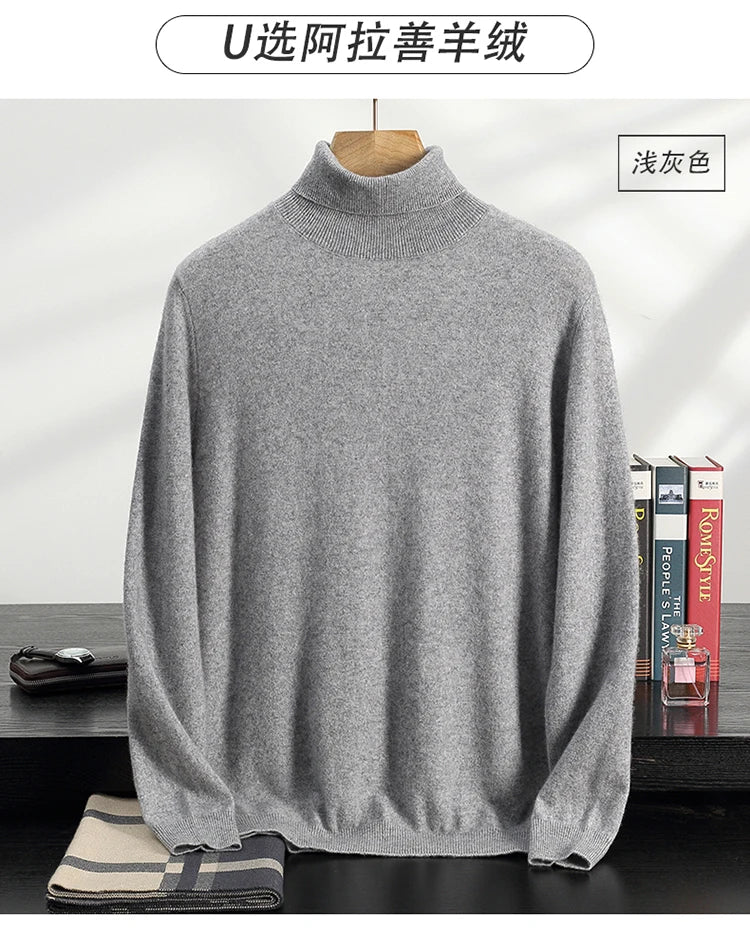 Autumn/Winter Men's 100% Cashmere Pullover Business Casual Solid Knitted Sweater Loose High Collar Tops Basic Thick Warm Jumper