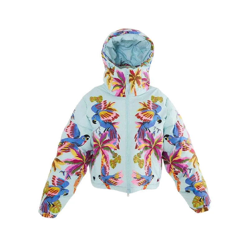 Women's Printed Hooded Ski Jackets Jumpsuit Sets Long Sleeve Zipper Short Coats Straight Leg Overalls 2026 Winter Lady Ski Suits