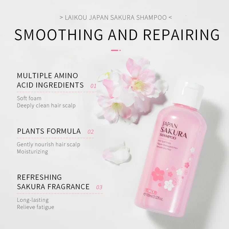 LAIKOU Japan Sakura Shampoo 100ml Travel Size Repair Split Ends Smooth Dry Damaged Hair Cherry Blossom Fragrance Hair Wash