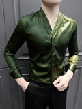 High-End Casual Shirts Men 2025 Spring British Style Slim Fit V-neck Shirt Long Sleeve Business Social Wear Men Clothing
