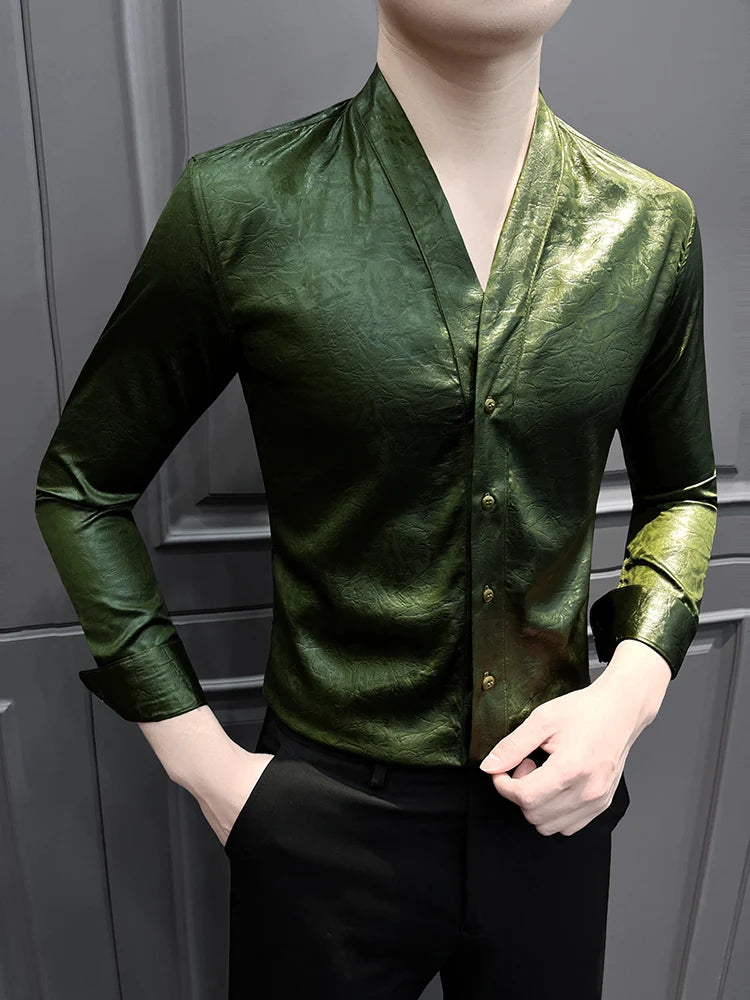 High-End Casual Shirts Men 2025 Spring British Style Slim Fit V-neck Shirt Long Sleeve Business Social Wear Men Clothing