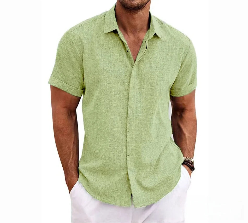 Men's Casual Beach Lightweight Linen Sve Shirt Color Standard Fit Short Sleeve Cleanfit PU Leather Inner Wear Pure Color