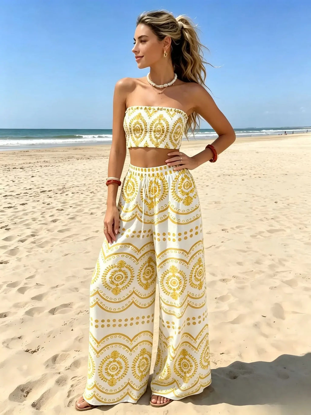 New Bohemian Vacation Plant Print Bandeau Wide Leg Pants, Fashion Two Piece Outfit