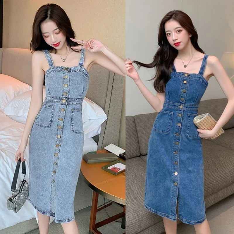 Denim Dress Sexy Style New Arrival Ins Strap Waist Single Breasted Stitching Female Bodycon Midi Dresses Female Vestidos