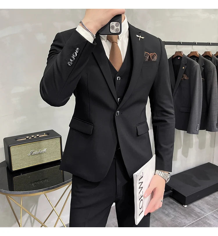 Blazer Vest Pants Men's Navy Blue Suit Set Slim Fit Blazer Vest Pants Formal Outfit for Business Wedding Office Groom Party