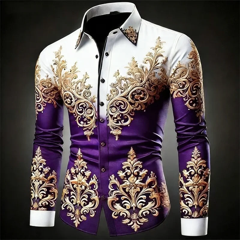 New 12 Color Men's Gold Exquisite Pattern Long-Sleeved Button Retro Floral 3D Printed Hawaiian Shirt Fashionable Shirt