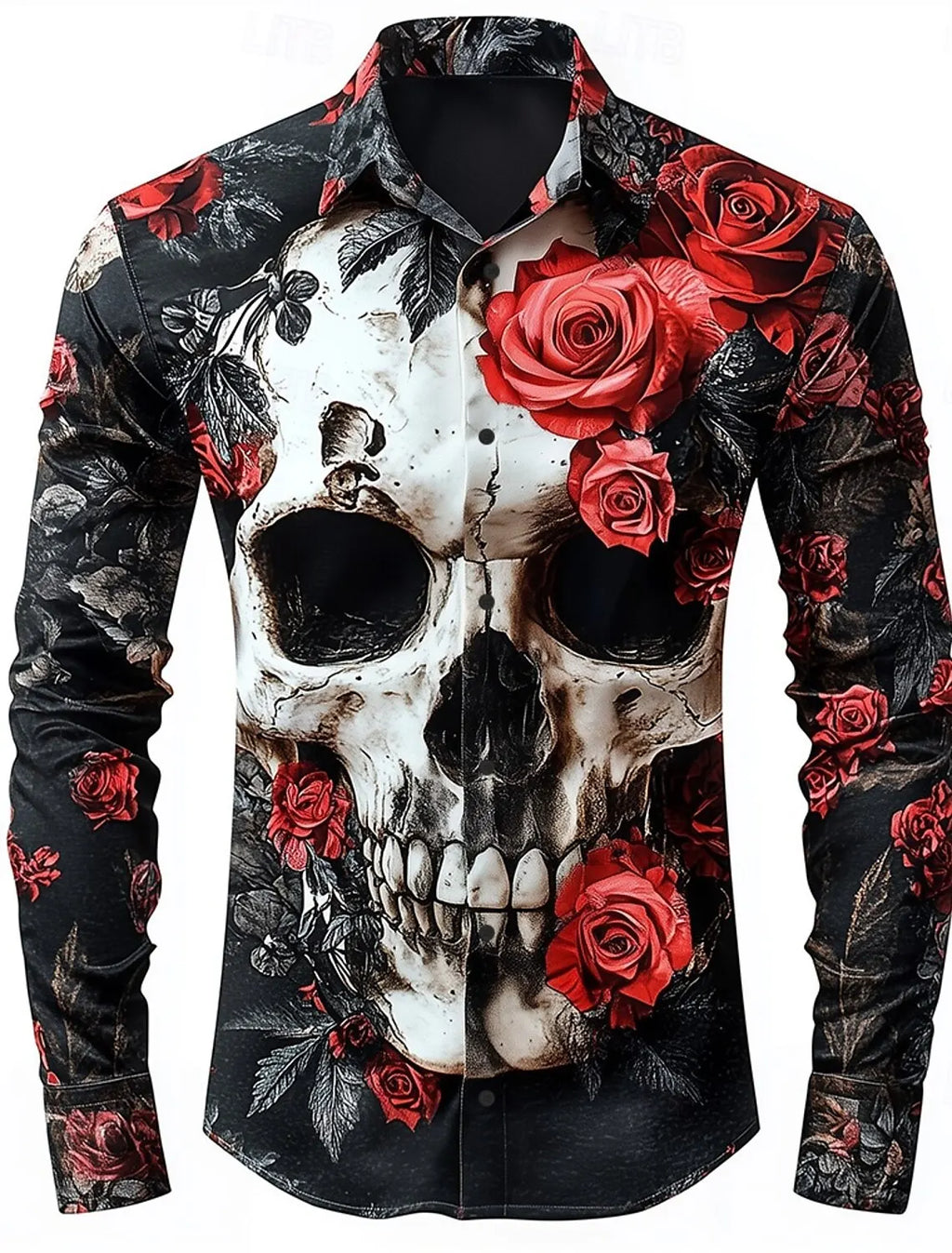 Skeleton Rose Skulls Men's Long Sleeve Shirt Button Up Shirt  Gothic Style Streetwear Turndown 3D Print Shirts Men Clothing