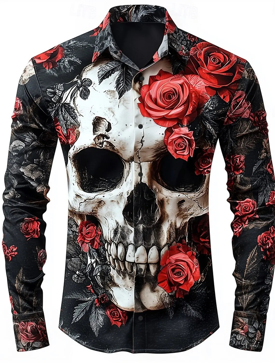 Skeleton Rose Skulls Men's Long Sleeve Shirt Button Up Shirt  Gothic Style Streetwear Turndown 3D Print Shirts Men Clothing