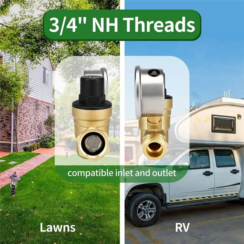 ABMH-1 PCS RV Water Pressure Regulator Valve Adjustable Water Pressure Reducer With Gauge And Inlet Screen Filter, Brass Lead-Fr