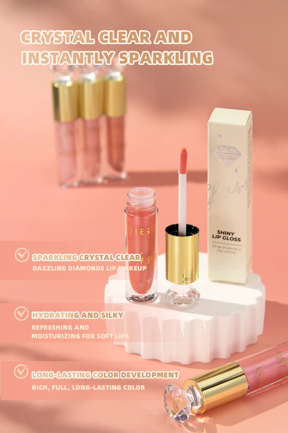 QIBEST Diamond Glitter Lipgloss Hydrating Lasting Pearlescent Metallic Liquid Lipstick Moisturizing Shiny Lip Glaze Cosmetics