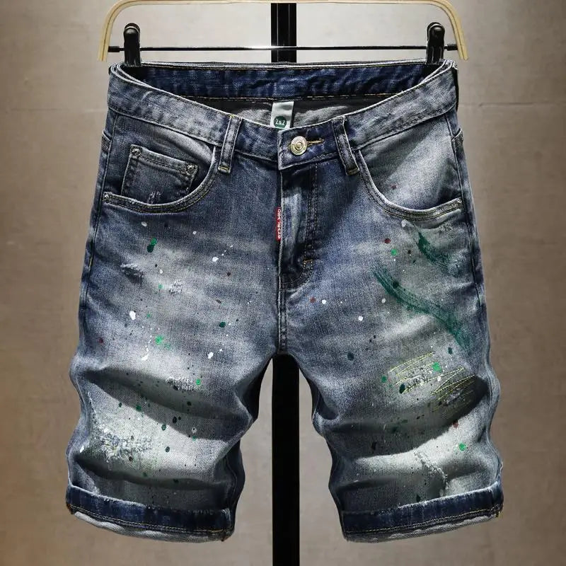 Washed Ripped Denim Men's Trendy Brand Spray Paint Medium Summer Thin Elastic Patch Bermuda Short Pants Men's Jeans Shorts