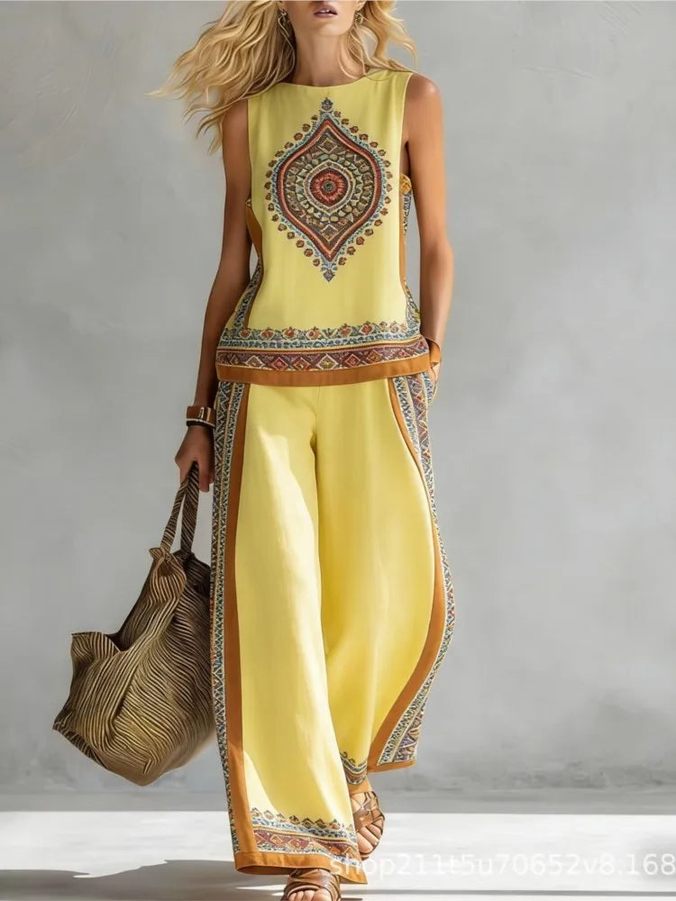 Fashion Retro Printed Sleeveless Tops Trousers 2-piece Set Women's Summer Casual Vest Loose Wide Leg Trousers Female Suit Pocket