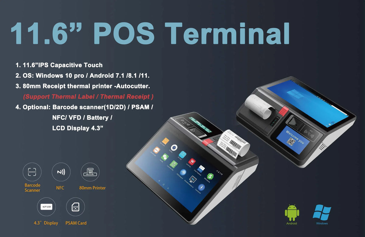 11.6inch Desktop /Wall-mounted Windows & Android Cash Register POS Systems with 80mm Autocutter Thermal Receipt & Label Printer