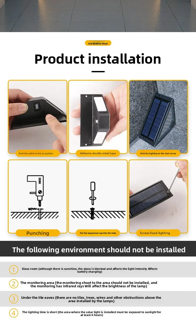 Outdoor Solar Stair Lights  12LM Auto Dimming Step Lamp  Driveway  Porch  Landscape  Easy Install No Wiring Needed