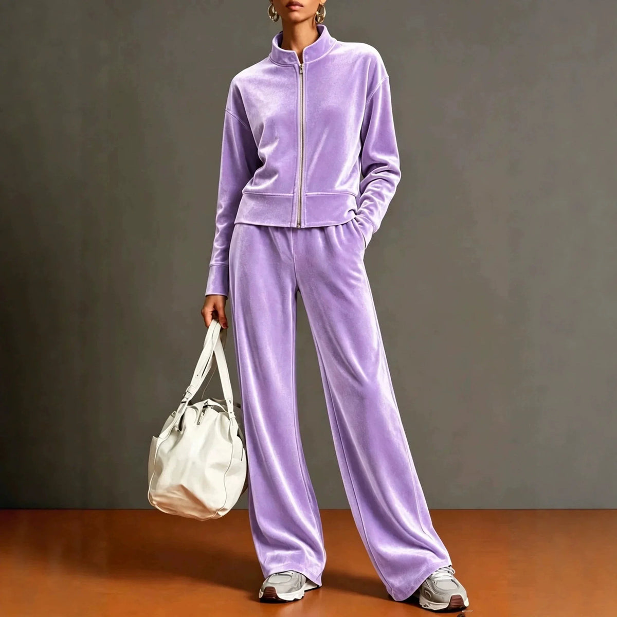Women Solid Color Velvet 2 Piece Set Stand Collar Full Zip Jacket Wide Leg Pant Casual Sport Matching Outfit Autumn Winter Set