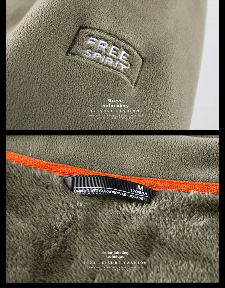 Winter Thickened Windproof Stand Collar Zipper Jacket for Men Casual Outdoor Fleece-Lined Coat Embroidered Men's Warm Jackets
