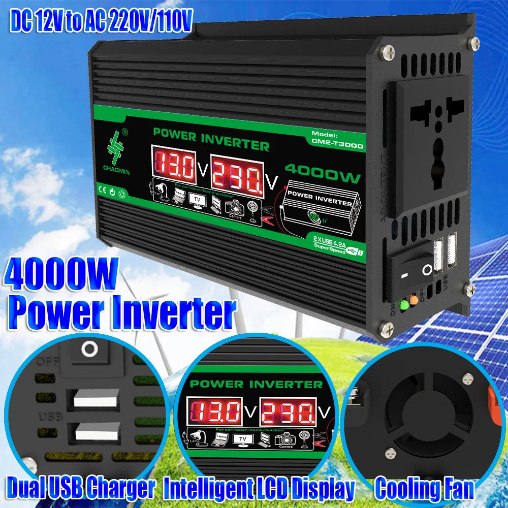 4000W Solar Inverter Portable Power Bank DC 12V to AC 110/220V Dual USB LCD Display Car Converter for Camping RV Universal Plug