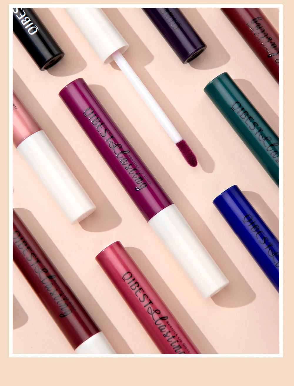 QIBEST Sexy Red Lip Gloss Long Lasting Velvet Matte Liquid Lipstick Waterproof Lip Makeup Nonstick Cup Purple Lip Tint Black
