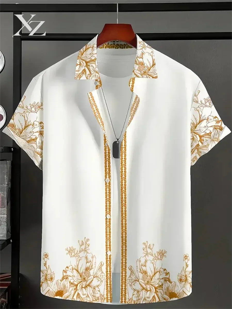 Men's Short-Sleeve Casual Loose-Fitting Lapel Hawaiian Shirt with Blue and White Porcelain Floral Print, New Summer Shirt