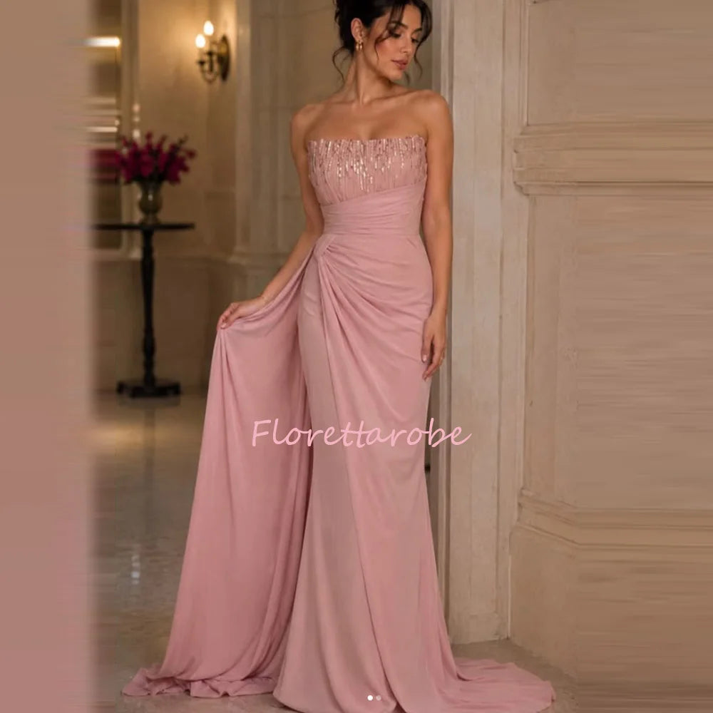 Pink Chiffon  Arabia Evening Dresses Luxury Strapless Beaded Sequins Party Dress Mermaid Long Formal Prom Dress Customized