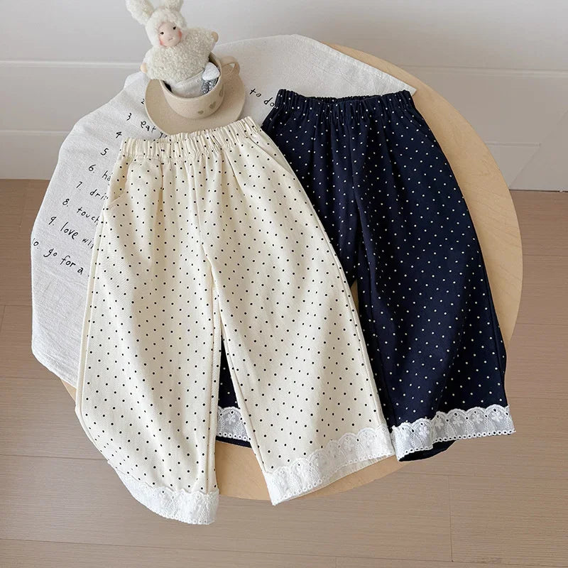 Korean Style Baby Girls Polka Dot Wide Leg Pants Lace Hem Loose Trousers Toddler Kids Elastic Waist Casual Fashion Pants