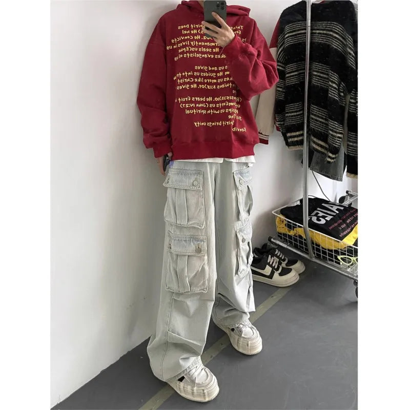 Cargo Jeans Men's Multiple pockets Patchwork Straight Casual Trousers Men Baggy Hip Hop Streetwear Loose Fashion denim Pants