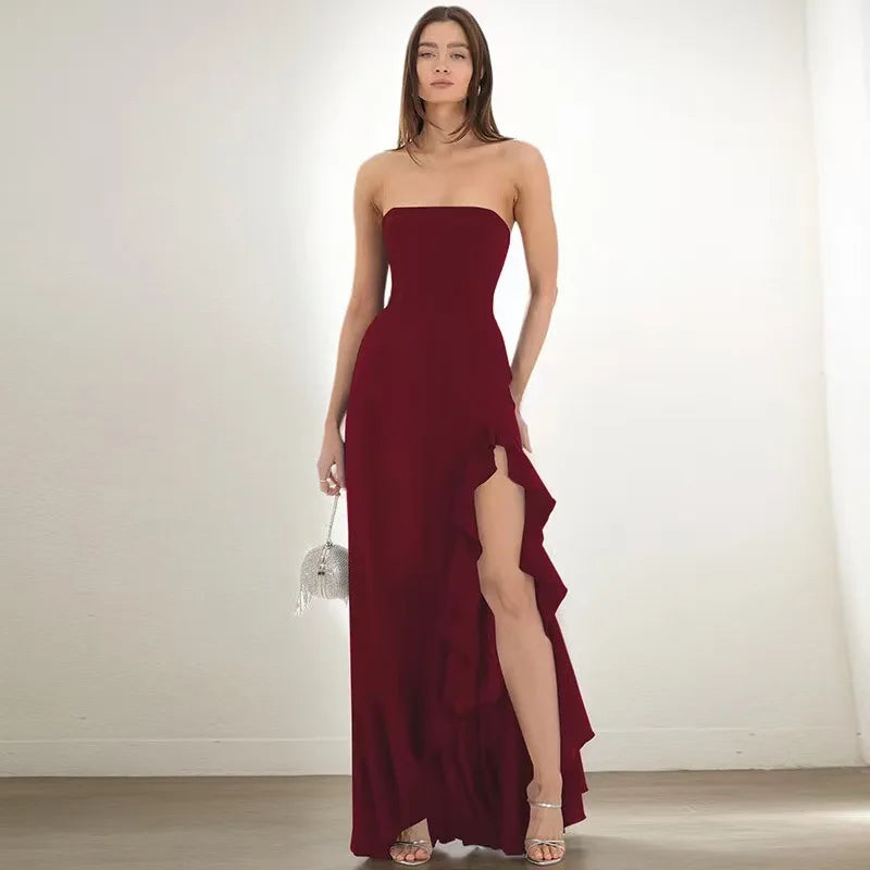 Fashion Off-shoulder Strapless Backless High Split Maxi Dress Sexy Solid Sleeveless Bodycon Boho Gown Summer Party Holiday Ware