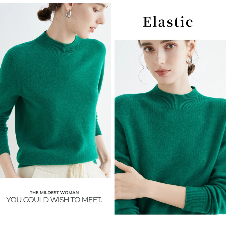 First-Line Seamless Women's Half-Turtleneck 100% Pure Wool Sweater Solid Color Long Sleeve Pullover Knitted Bottoming Sweater