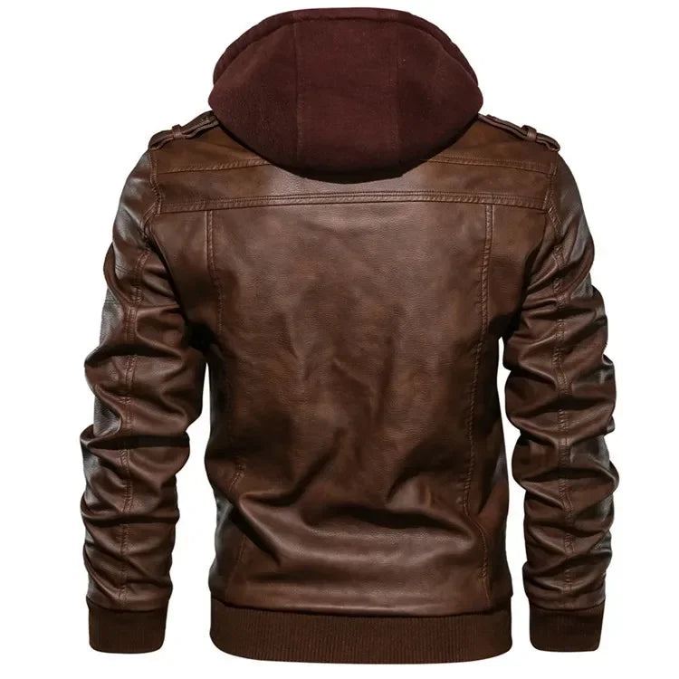 New Men's Hooded Leather Jackets Autumn Winter Casual Zipper Motorcycle PU Jacket Biker Leather Coat Hat Detachable Punk Outwear