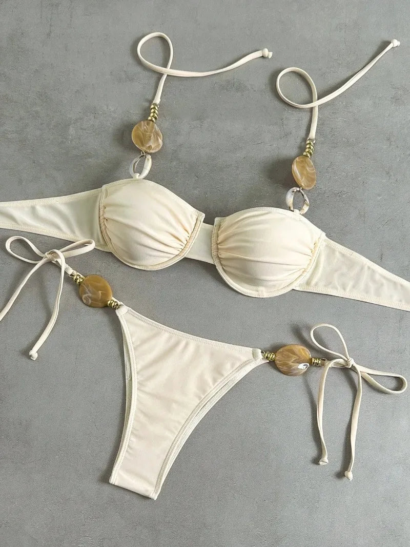 New Women's Sexy Halter Neck Backless Bikini Set Two-Piece Swimwear Solid Color Euro American Style Summer Beach Fashion