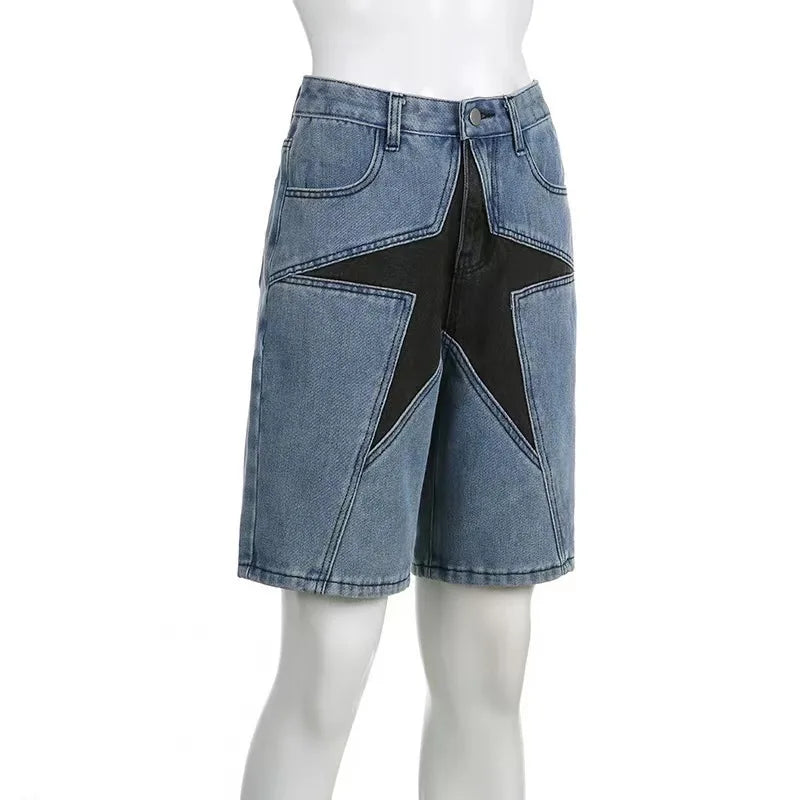 Women's Denim Pant Street Trend Loose Collision Colour Pentagram Appliqué Denim Middle Trousers High Waisted Jeans Pants