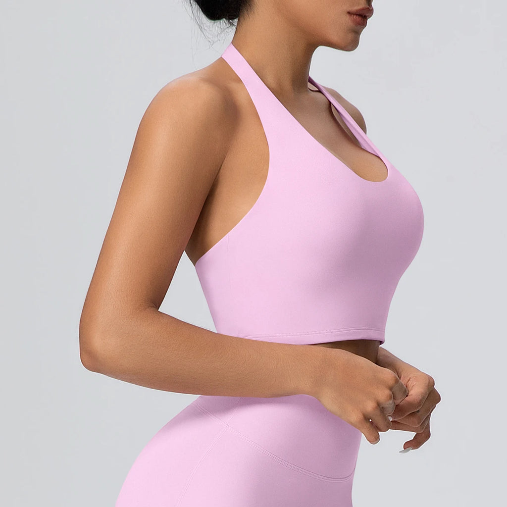Woman Solid Color Sexy Neck Strap Bra Yoga Underwear With Chest Pad Backless Gather Shockproof Gym Workout Top Sports Yoga Bra