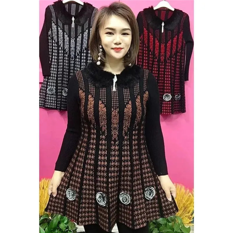 Autumn Winter New Mother Knitted Dress Large Size Thicken Loose Pullover Female Sweater Dress Mid-length Women Bottoming Shirts