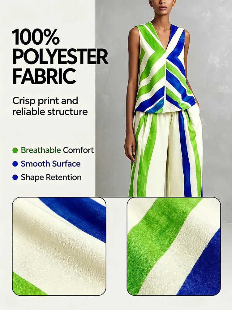 UOOZEE 2026 New Boho Vacation 2 Piece Set Women Fashion Contrast Color Striped V-Neck Tank & Elastic High Waist Wide Leg Pants