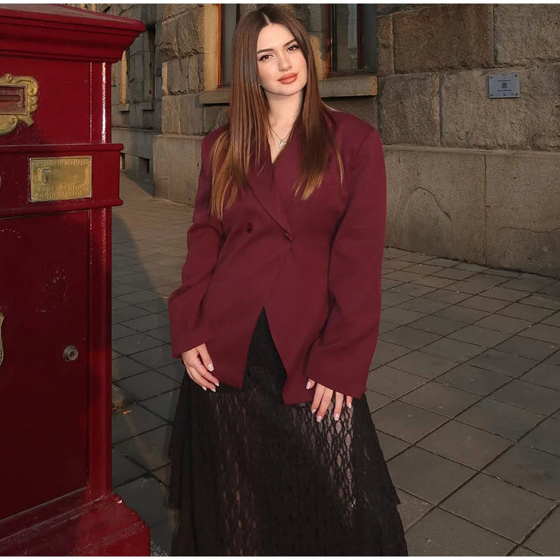 Fashion Wine Red Women Blazer Set Casual Long Sleeve Single Breasted Lapel Female Suit 2025 Spring Streetwear Lady Suits