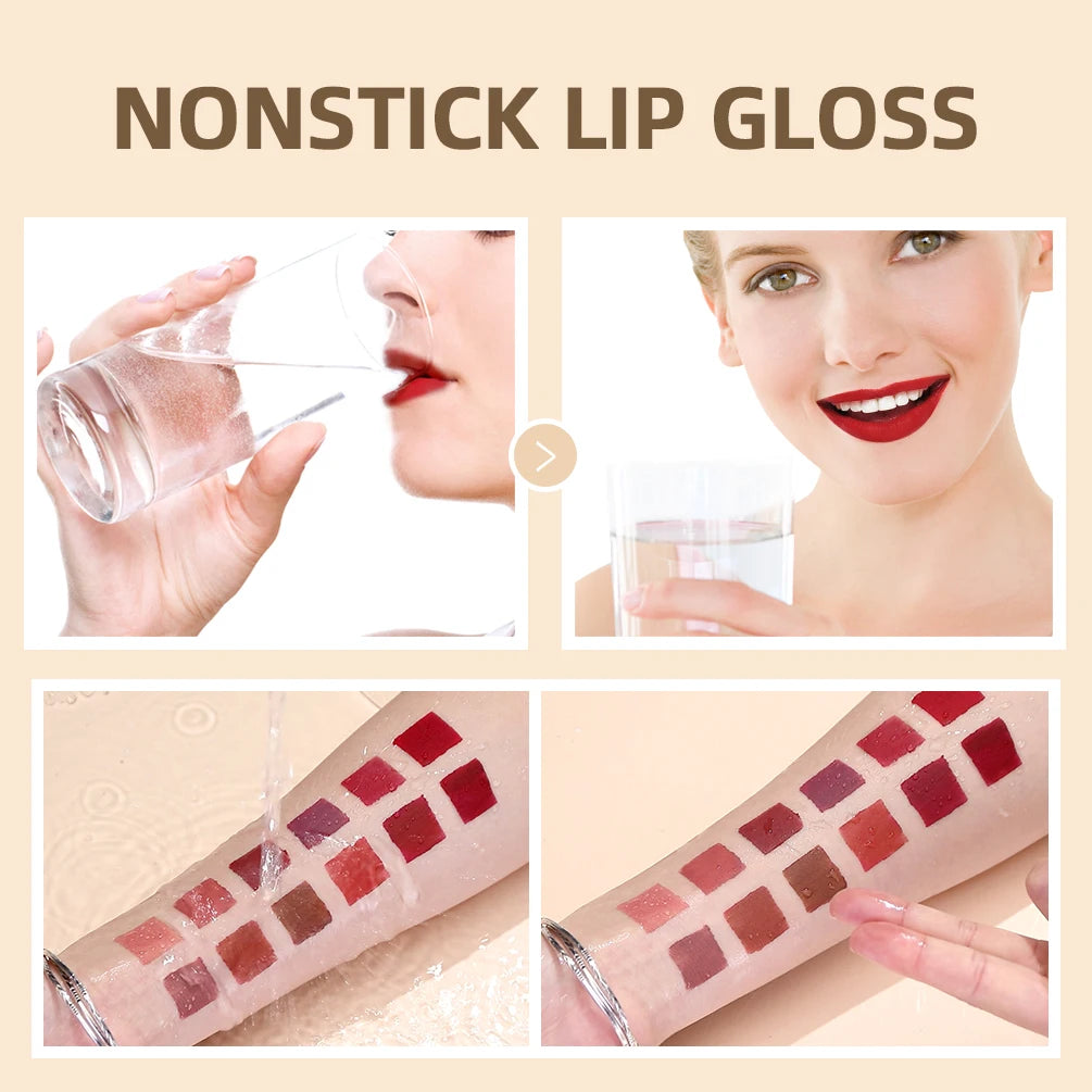 QIBEST Sexy Red Lip Gloss Long Lasting Velvet Matte Liquid Lipstick Waterproof Lip Makeup Nonstick Cup Purple Lip Tint Black