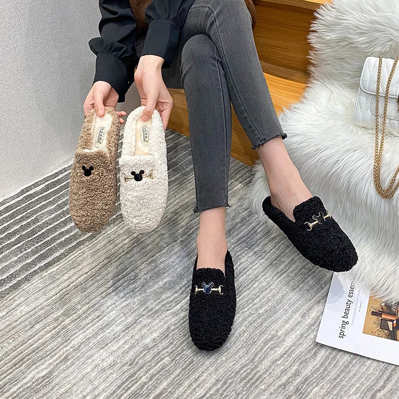Winter Warm Plush Mules Women One Band Fur Slippers Cozy Cotton Shoes Woman Flats Cover Toe Fleeces Slides Femme Wool Pantuflas