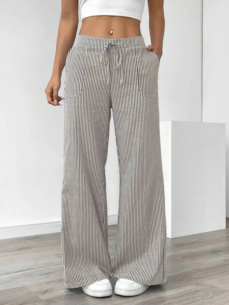 Ladies' Striped Elastic Waist Straight Leg Trousers With Pockets Summer Casual Long Pants Soft Breathable Wide Leg Trousers
