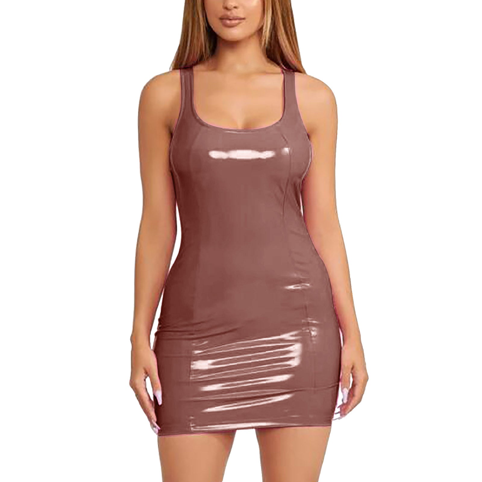 Women's Colorful Leather Dress Zipper PU High Elastic Round Neck Dress Short Skirt Elastic Leather Dress Wrapped Hip Sundress