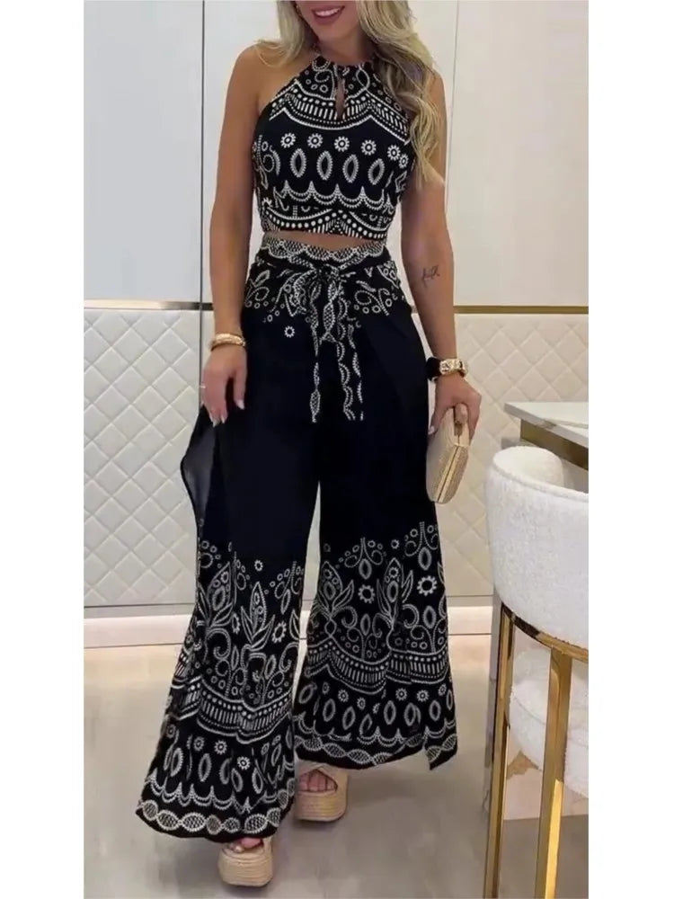 Summer New Fashion Printed Casual Loose Suit Literary Retro Sleeveless Halter Top Wide-leg Pants Commuting Two-piece Sets